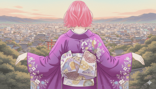 KIZUNA - AI-POPミュージシャン、紫の着物を着て街を見下ろす